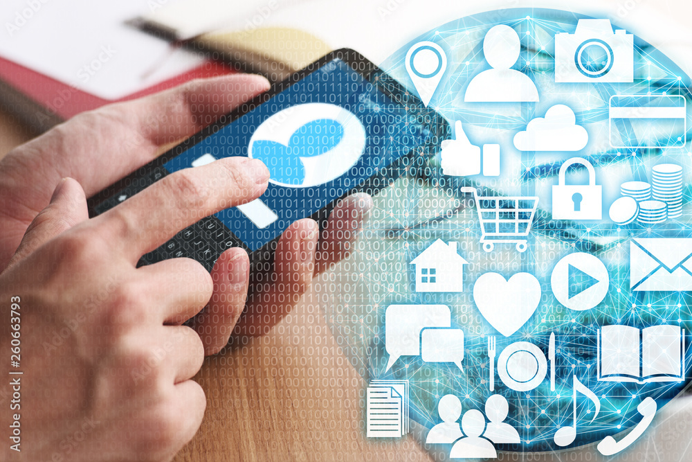 Poster Big data acquisition concept. Closeup of male hands pushing button to sign in. Global network and apps icons.