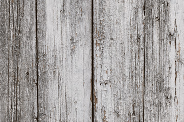 Old white painted wooden cracked flaky fence with hobnail. Grunge wooden rustic texture, floor pattern. Weathered texture, rustic background. Old white wooden board texture background. 