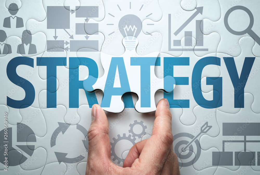Poster Developing business strategy. Finding solution.Connecting last jigsaw puzzle piece.
