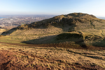 EDINBURGH, SCOTLAND, 20 February 2019, Cityscape of Edinburgh from Arthur's seat in beautiful February sunny day. Edinburgh, the most popular tourist city destination in Scotland
