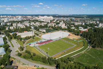 Top down aerial drone image of a Ekaterinburg with stadiums: ready and under construction. Midst of...