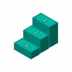 Dollars Bundles, Money, Dollar, Pile of money, Isometric, Finance, Business, No background, Vector, Flat icon, Money illustration of wealth and condition.