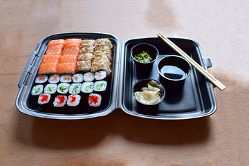 Sushi in a plastic container. Japanese food.