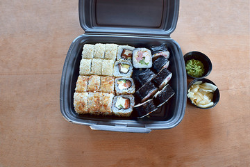 Sushi in a plastic container. Japanese food.
