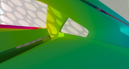 Abstract dynamic interior with black and colored gradient smooth objects. 3D illustration and rendering