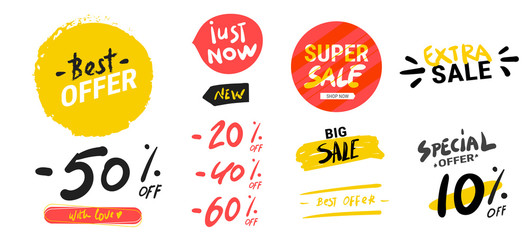 Sale banner. Super mega discounts. Sale arrow tag icons. Discount special offer. 50%, 60%, 70% and 80% percent sale signs. Black friday discounts. Cyber monday. Vector