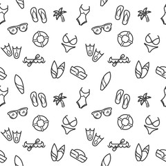 Summer icons seamless pattern grey vector on white background. Collection Of beach, travel, ocean, swimsuit, bikini. Template for design fabric, backgrounds, wrapping paper.