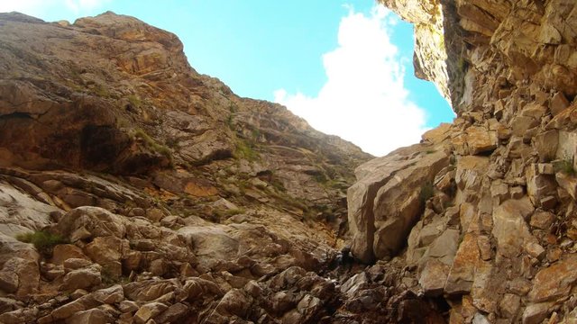 craggy gorge clear mountain brook high Himalayas panorama