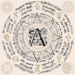Illustration of the letter A in an octagonal star with magical inscriptions and symbols in retro style. Vector banner, mascot with old manuscript written in a circle on the beige background.