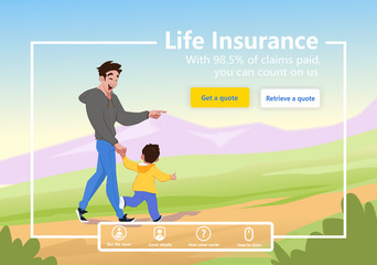 life insurance website conceptual design. life insurance services. Father walks with his son. Hike in the mountains. Healthy lifestyle