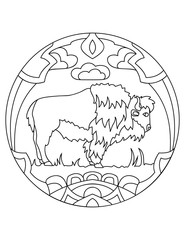 Pattern with buffalo. Illustration with a beast. Mandala with an animal.  Buffalo in a circular frame. Coloring page for kids and adults.