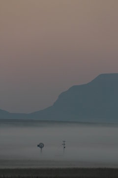 Misty cold farm early in the morning