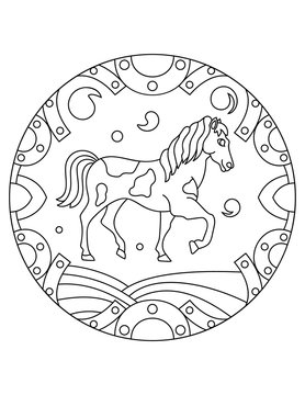 Pattern with a horse. Illustration with a wild horse. Mandala with an animal.  Farm horse in a circular frame. Coloring page for kids and adults.