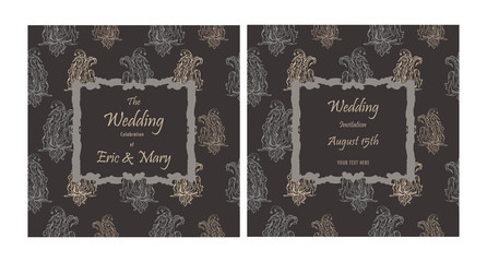 wedding invitation template. Hand-drawn vector illustration of retro style with floral pattern on dark gray background