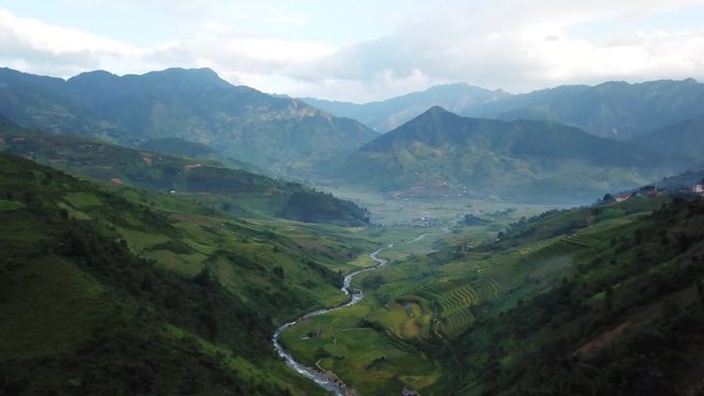 Vietnam Epic Landscape, Aerial View of Countryside and Rice Terraces