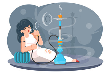 Cute girl smoke hookah aroma cloud arabian cafe shisha turkish oriental culture woman lifestyle flat design vector illustration