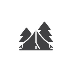 Camping tent in forest vector icon. filled flat sign for mobile concept and web design. Tourist tent and trees glyph icon. Recreation symbol, logo illustration. Pixel perfect vector graphics