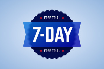 The 7 days free trial emblem. It can be used for application, software promotions for free downloads. Round vector badge with blur glass effect.