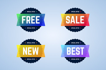 Free, sale, new and best round badges, banners, emblems. Vector emblems for special offers, sales, promotions or discounts. Banners for website and ads. 