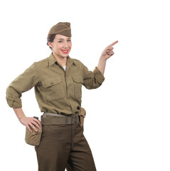 young woman dressed in American ww2 military uniform showing empty blank signboard