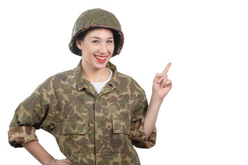 young woman dressed in American ww2 military uniform showing empty blank signboard