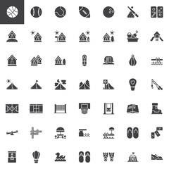 Recreation vector icons set, modern solid symbol collection, filled style pictogram pack. Signs logo illustration. Set includes icons as sport balls, camping house caravan car, forest, summer vacation