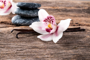 Dried vanilla pods and orchid flower on wooden background.