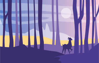 Beautiful scene of nature, peaceful landscape with forest and roe deer at night time, template for banner, poster, magazine, cover horizontal vector Illustration