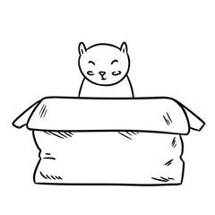 Cute chubby cat sitting in the paper box thin line doodle
