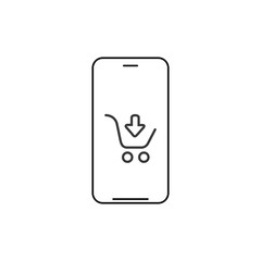 Smartphone shopping app linear icon. Thin line illustration. Smart phone with shopping cart contour symbol. Vector illustration isolated on white background.
