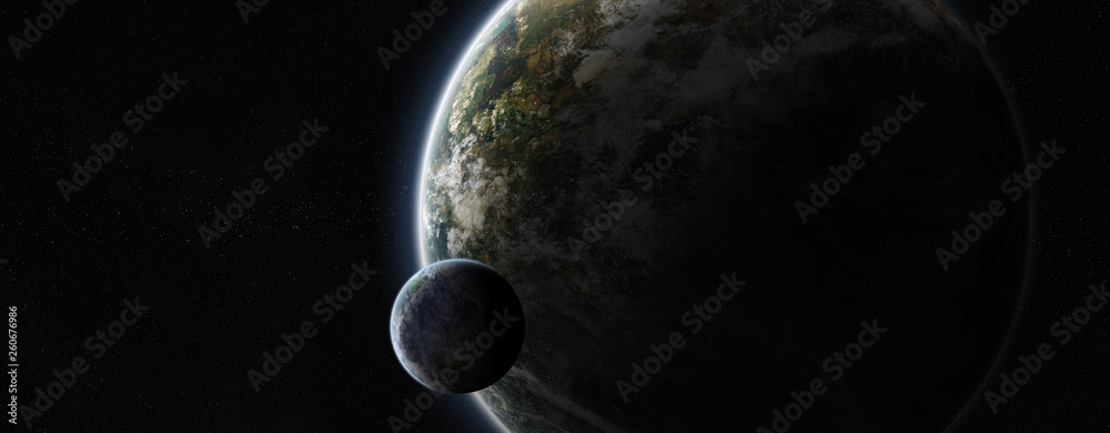 Poster Distant planet system in space with exoplanets 3D rendering elements of this image furnished by NASA