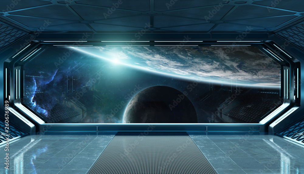 Poster Dark blue spaceship futuristic interior with window view on space and planets 3d rendering