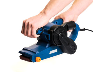 Fototapeta premium sandar tool with mans hands isolatd on white background