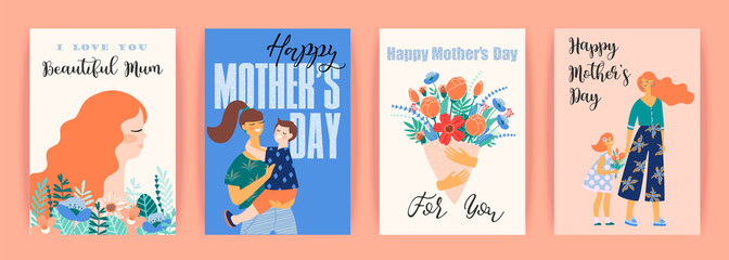 Happy Mothers Day. Vector templates with women and children.