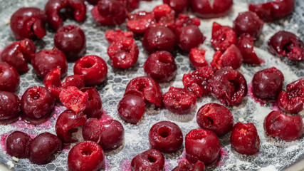 cherries in a skillet, ingredients for a pie