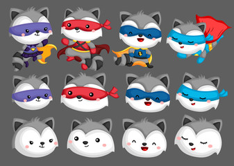 a vector set of many raccoon in superhero costume