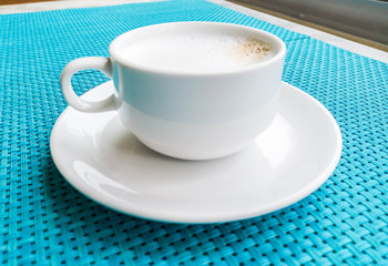 coffee, cup, hot, cappuccino, two, table, latte, art, breakfast, drink, cafe, espresso, cups, background, blue, food, white, red, mug, wood, beverage, caffeine, saucer, morning, top, foam, view, coupl