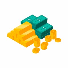 Gold Bars Pile, Dollars Bundles, Money, Dollar, Pile of money, Coin, Isometric, Finance, Business, No background, Vector, Flat icon, Money illustration of wealth and condition.