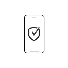 Linear Smartphone, mobile phone with security shield icon with check mark. Vector illustration isolated on white background.