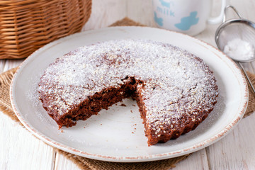 Homemade carrot cake with icing sugar