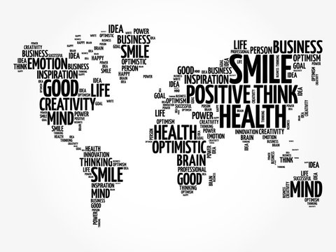 Positive thinking word cloud in shape of world map, creative concept background
