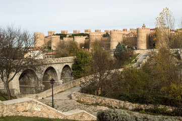 Fototapeta premium View from the road and the bridge on the walls of Avila.