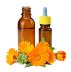 bottle with marigold oil with marigold flowers isolated on white background. calendula flower.