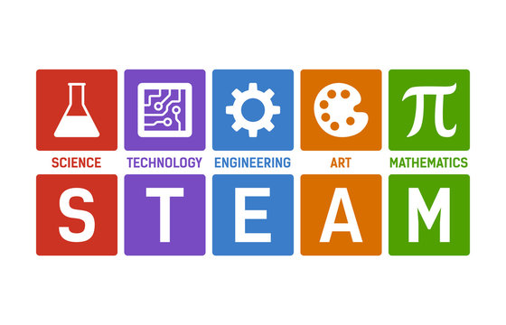 STEAM - science, technology, engineering, art and mathematics with text flat color vector for education apps and websites