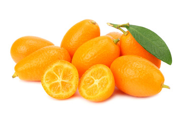 Plakat Cumquat or kumquat with slices and leaves isolated on white background