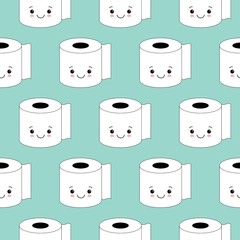 Vector illustration, toilet paper seamless pattern. Happy smiles, cartoon style, background. Kawaii style