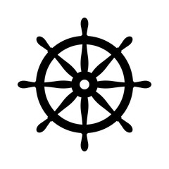 Nautical black helm isolated on white. Ship and boat steering wheel sign. Boat wheel control icon. Rudder label.