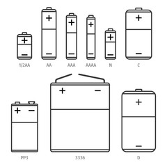 Alkaline battery different sizes icons set. Linear vector illustration isolated on white background