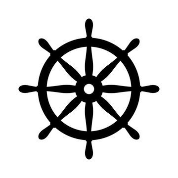 Nautical black helm isolated on white. Ship and boat steering wheel sign. Boat wheel control icon. Rudder label.