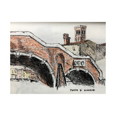 Venice hand drawn illustration. Bricks bridge across a canal. Black ink pen sketch and colored pastel. City architecture. Freehand contour drawing. Cityscape composition. Travel postcard template
